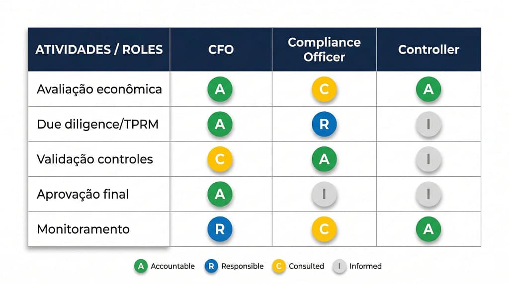 Exemplo de matriz RACI definindo responsabilidades entre CFO, Compliance Officer e Controller em decisões financeiras
