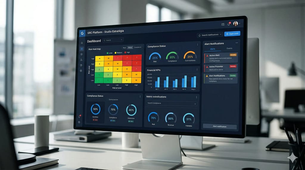 Dashboard de plataforma GRC integrada consolidando gestão de governança, riscos financeiros e compliance corporativo