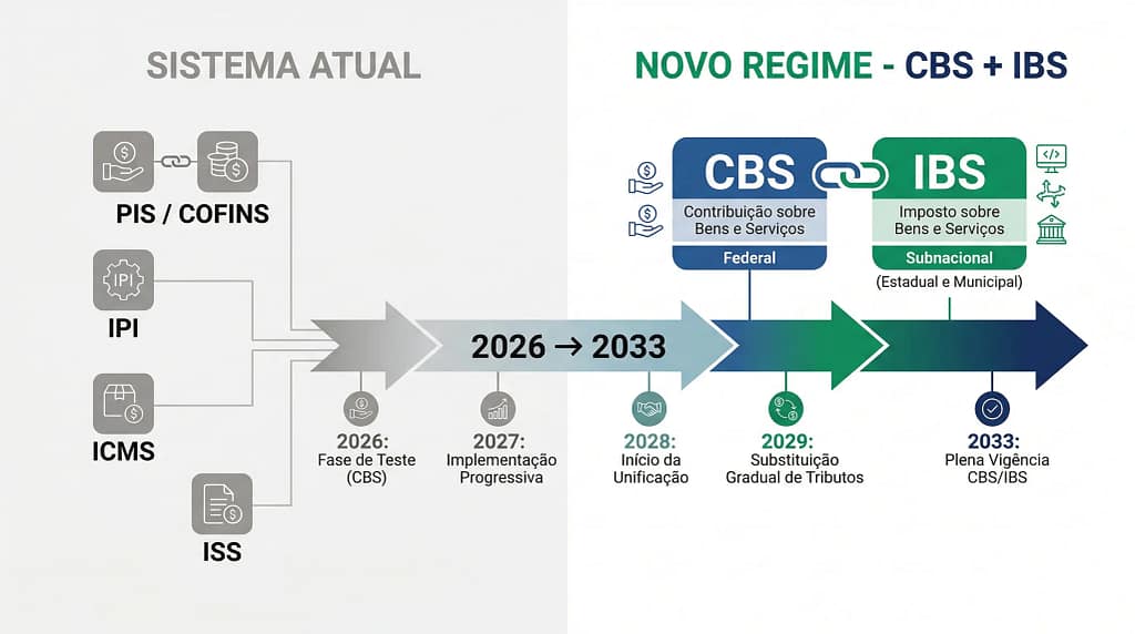 Reforma Tributária brasileira 2026 com implementação de IVA dual CBS e IBS exigindo controles financeiros duplos